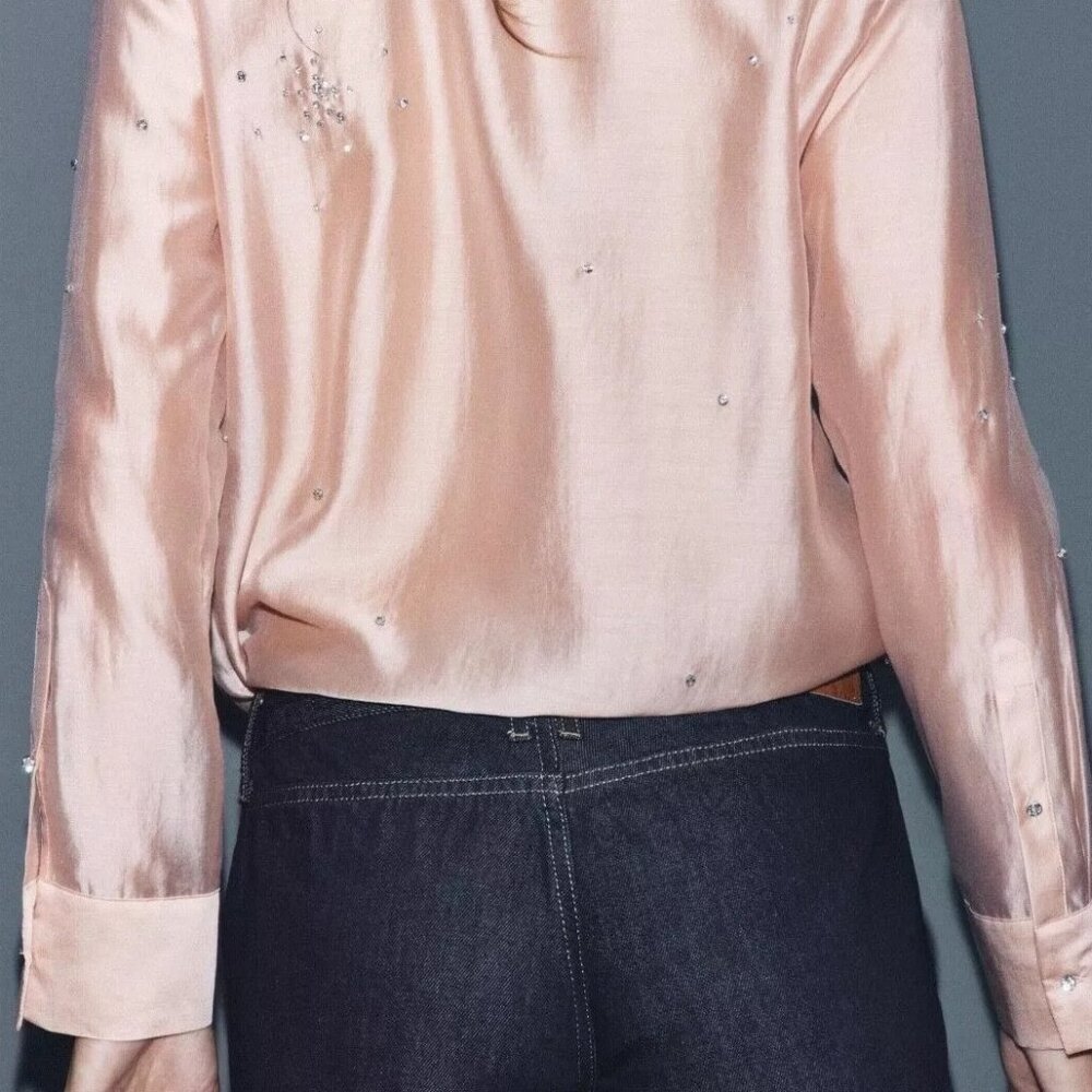 ZARA ZW Collection sz S New Embroidered Shirt Jewels Rhinestones Pastel Pink - Picture 9 of 15